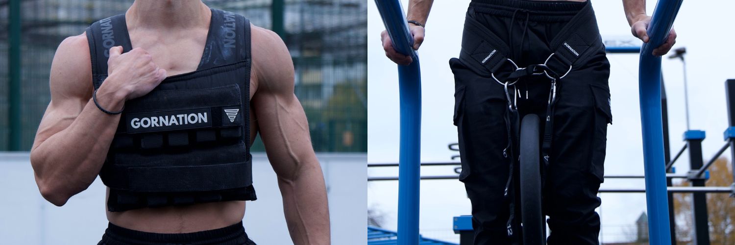 Max True wearing a dip belt and guy wearing weighted west in a park