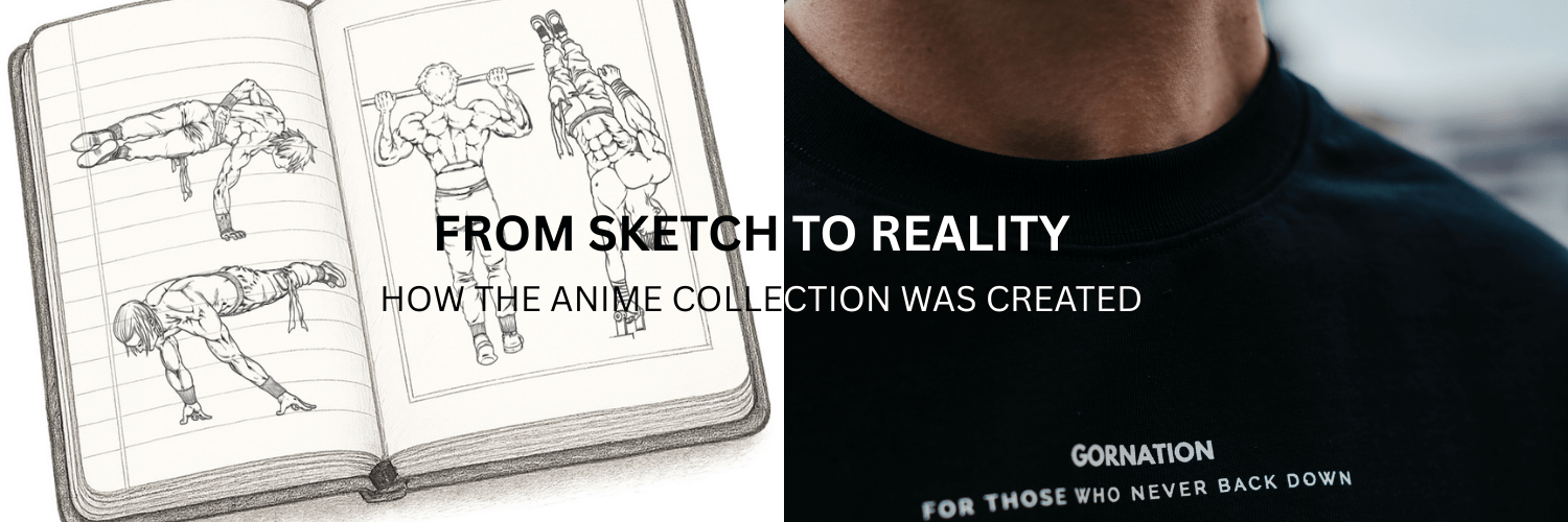Notebook with drawings from the new GORNATION anime collection and GORNATION athlete wearing an anime T-Shirt
