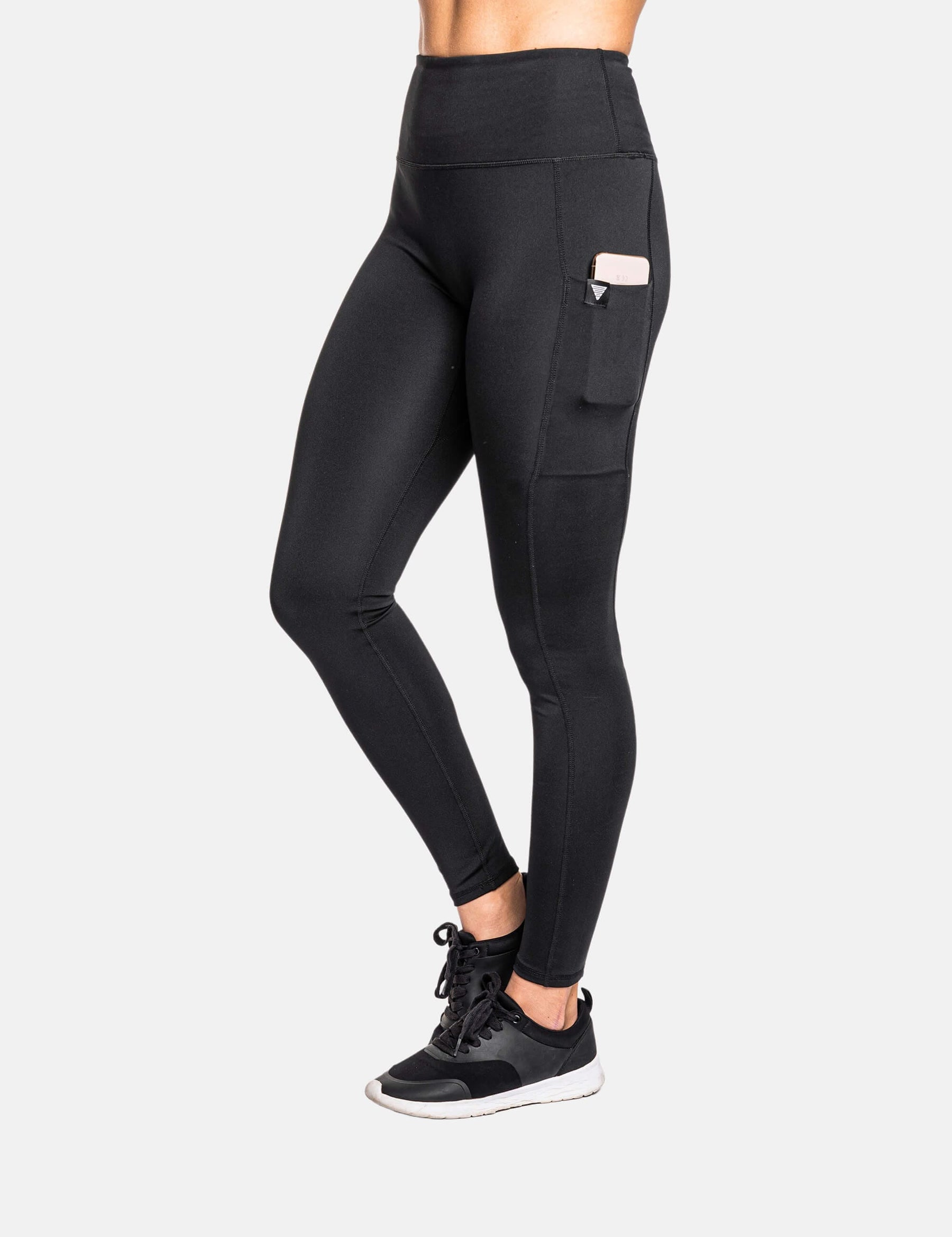 product photo of black calisthenics leggings. Front side