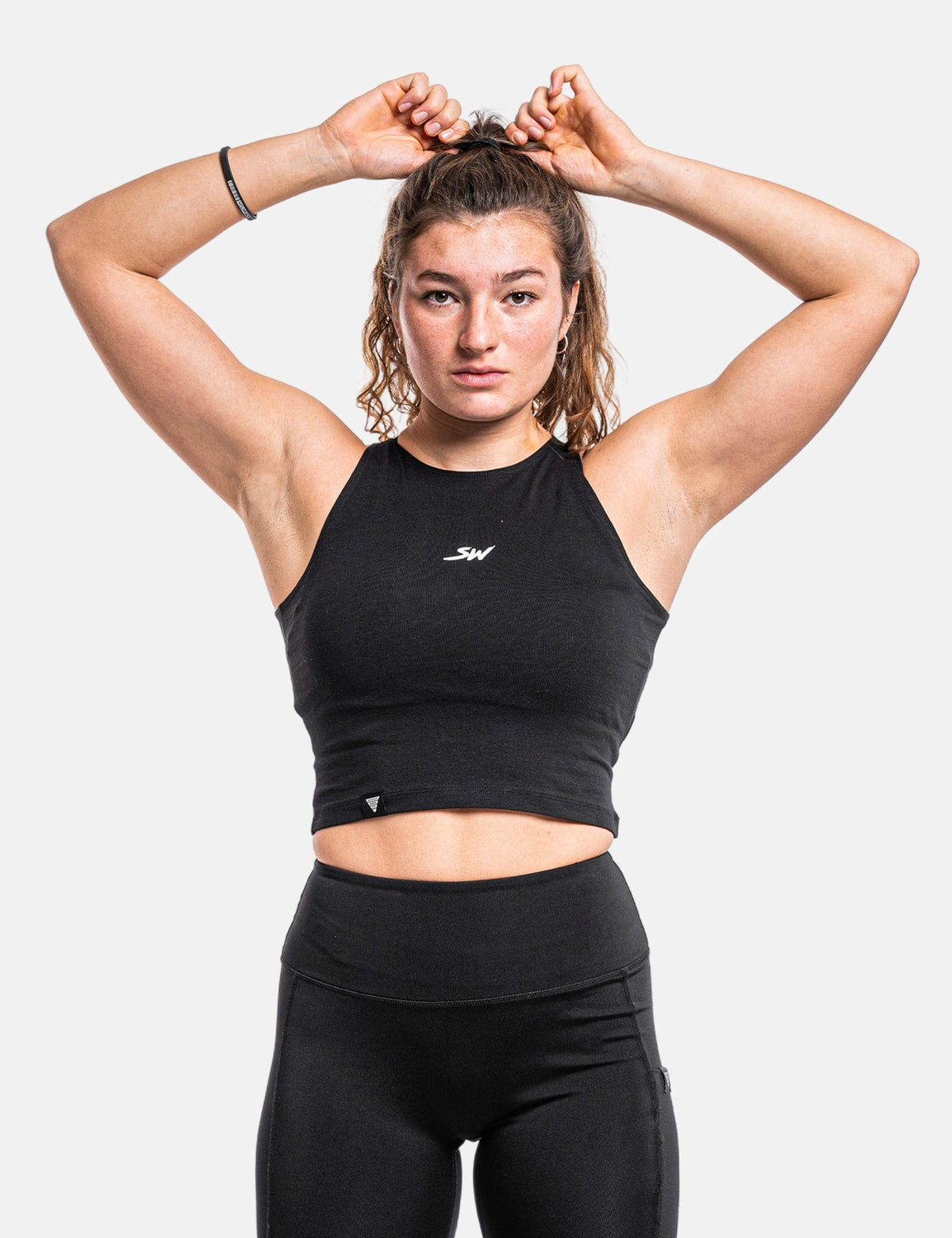 Front View of black Street Workout Crop Top for female calisthenics athletes.