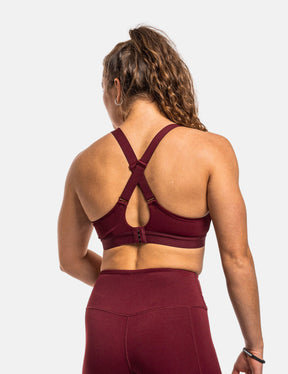 product photo of calisthenics bra in burgundy. Back side