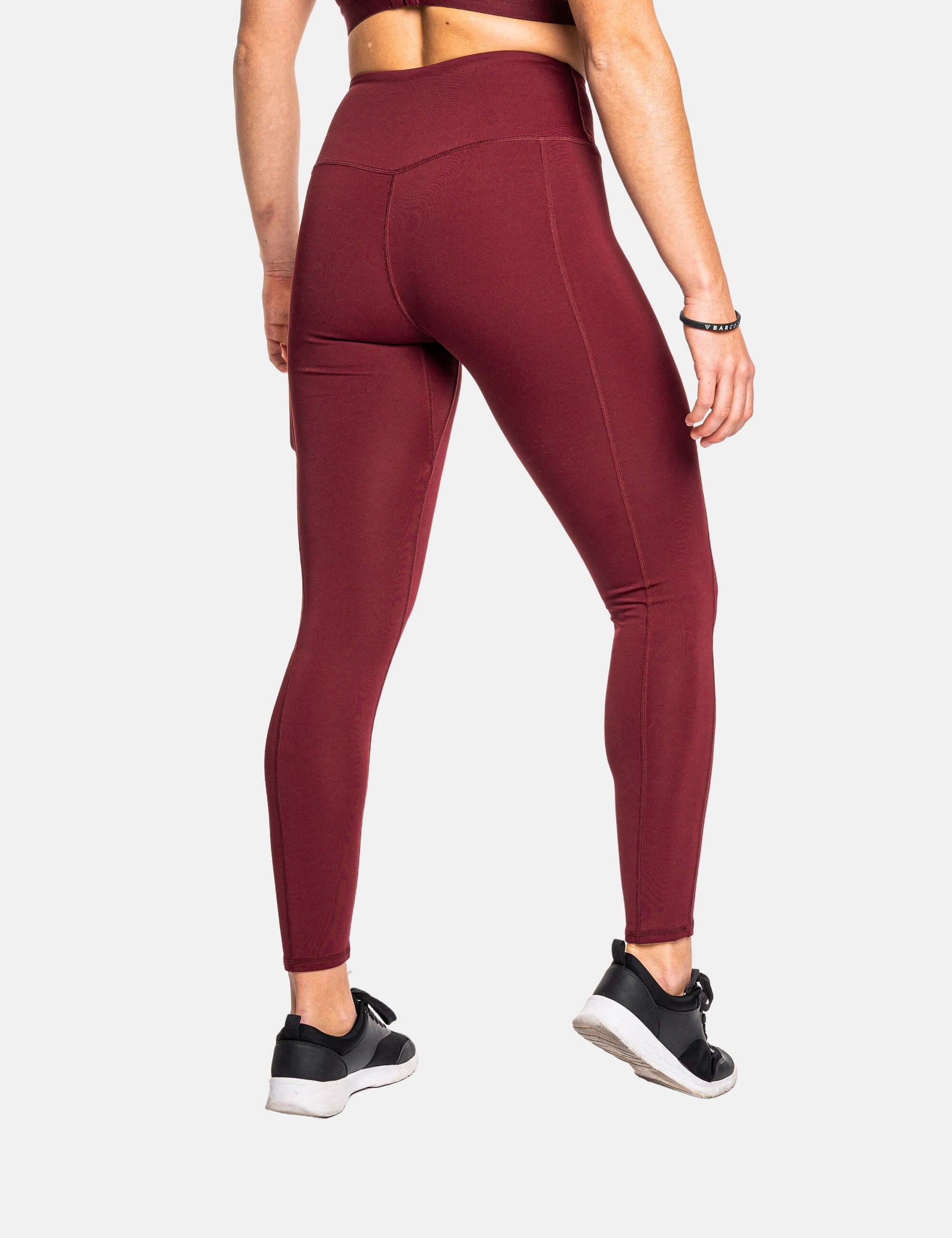 product photo of burgundy calisthenics leggings. Back side