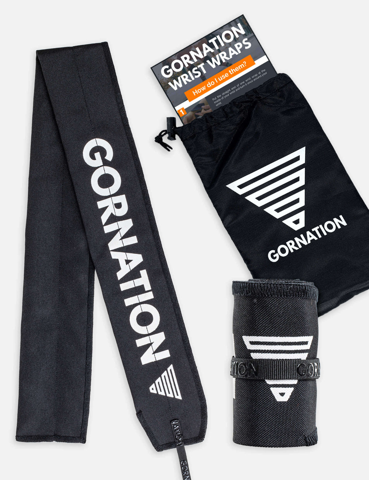 Black wrist wrap from Gornation for extra stability and injury prevention. And black cary bag.