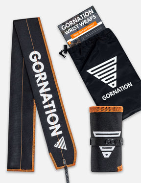 Black Orange wrist wrap from Gornation for extra stability and injury prevention. And black cary bag.