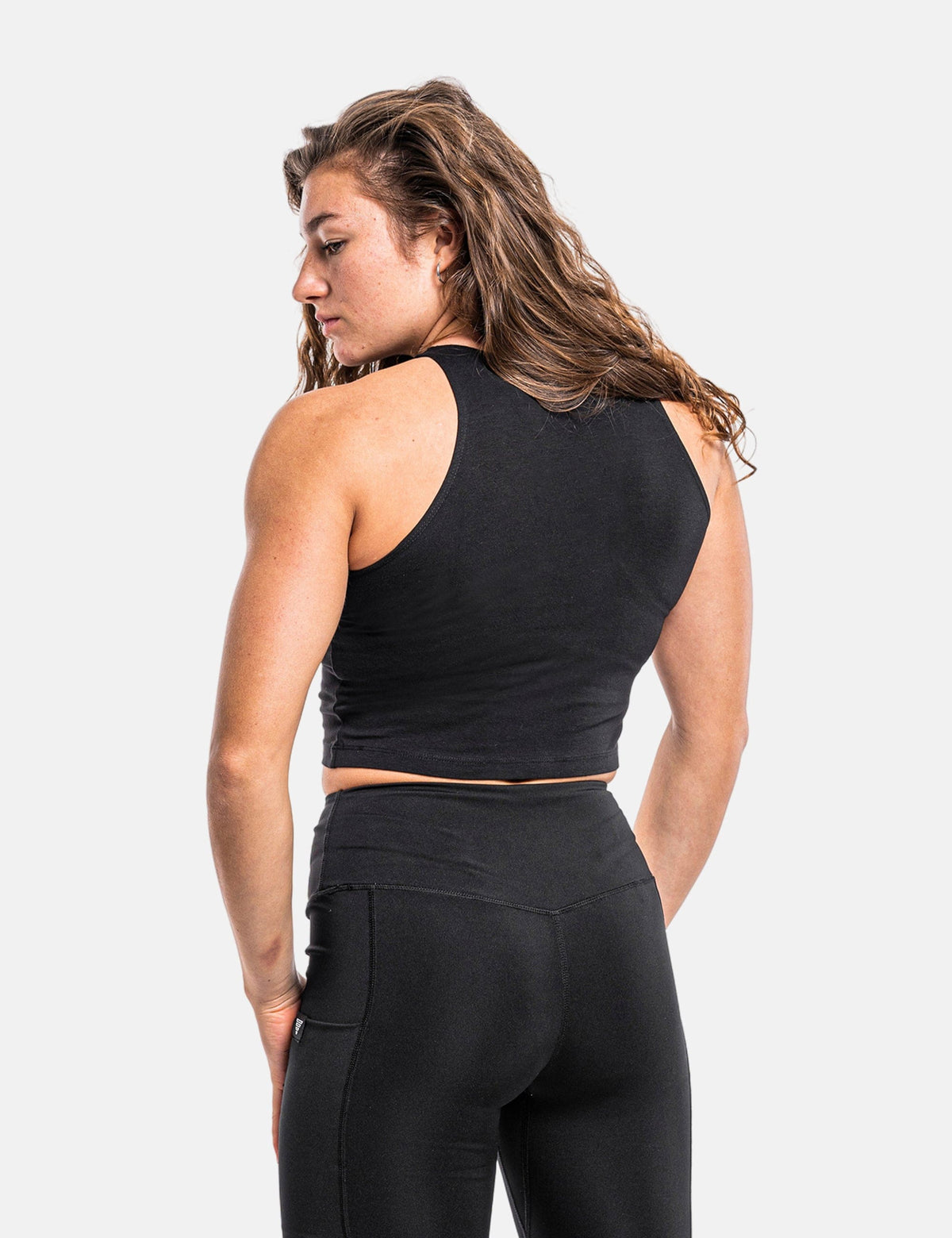 Back View of black Street Workout Crop Top for female calisthenics athletes.