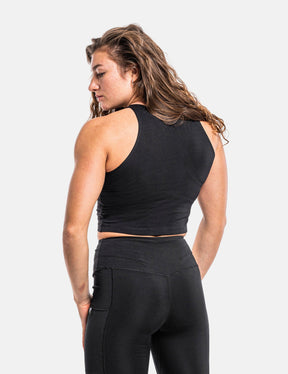 Back View of black Street Workout Crop Top for female calisthenics athletes.