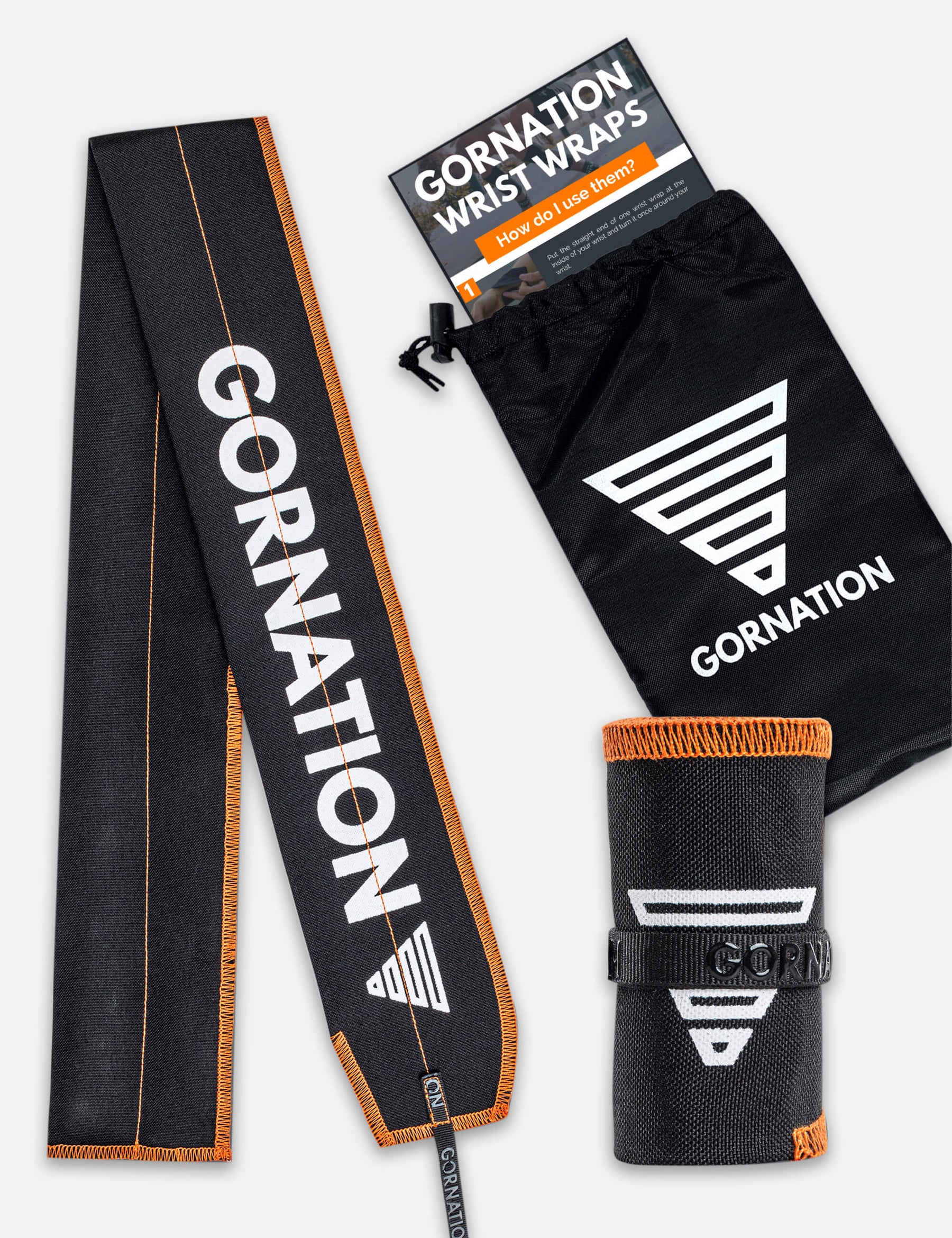 Black-orange wrist wrap from Gornation for extra stability and injury prevention. And black cary bag.
