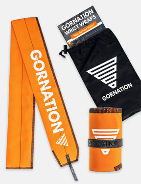Orange wrist wrap from Gornation for extra stability and injury prevention. And black cary bag.