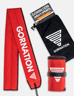Red wrist wrap from Gornation for extra stability and injury prevention. And black cary bag.