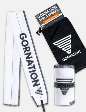 White wrist wrap from Gornation for extra stability and injury prevention. And black cary bag.